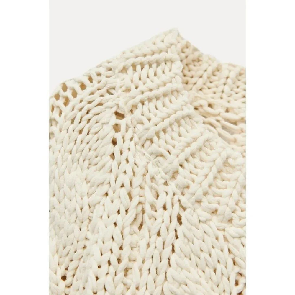 Cream Zara Side Vents Ties Chunky Knit Long Sleeve Pullover Sweater (NWT) - Picture 3 of 10